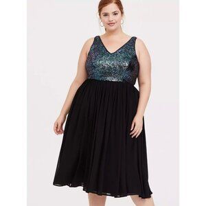 Torrid Mermaid Blue & Black Sequin Chiffon Skater Midi Dress V-Neck NWT Size 20